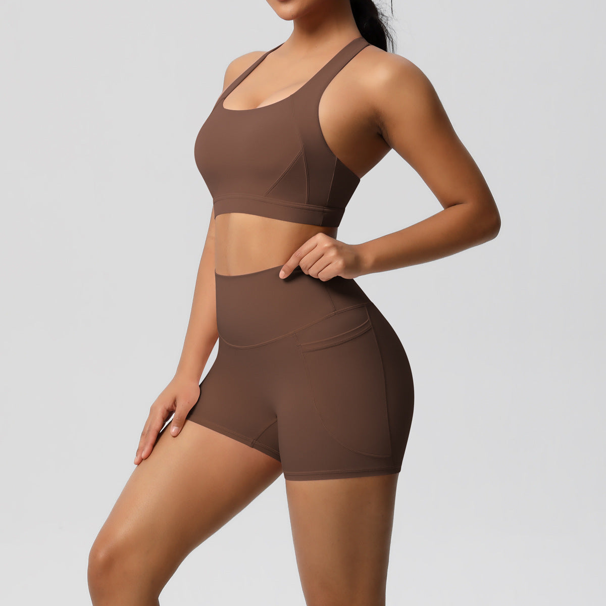 Women’s Solid Color Sports Bra & Pocket Shorts Set – Tight Fitness Outfit for Running & Gym, S–XL