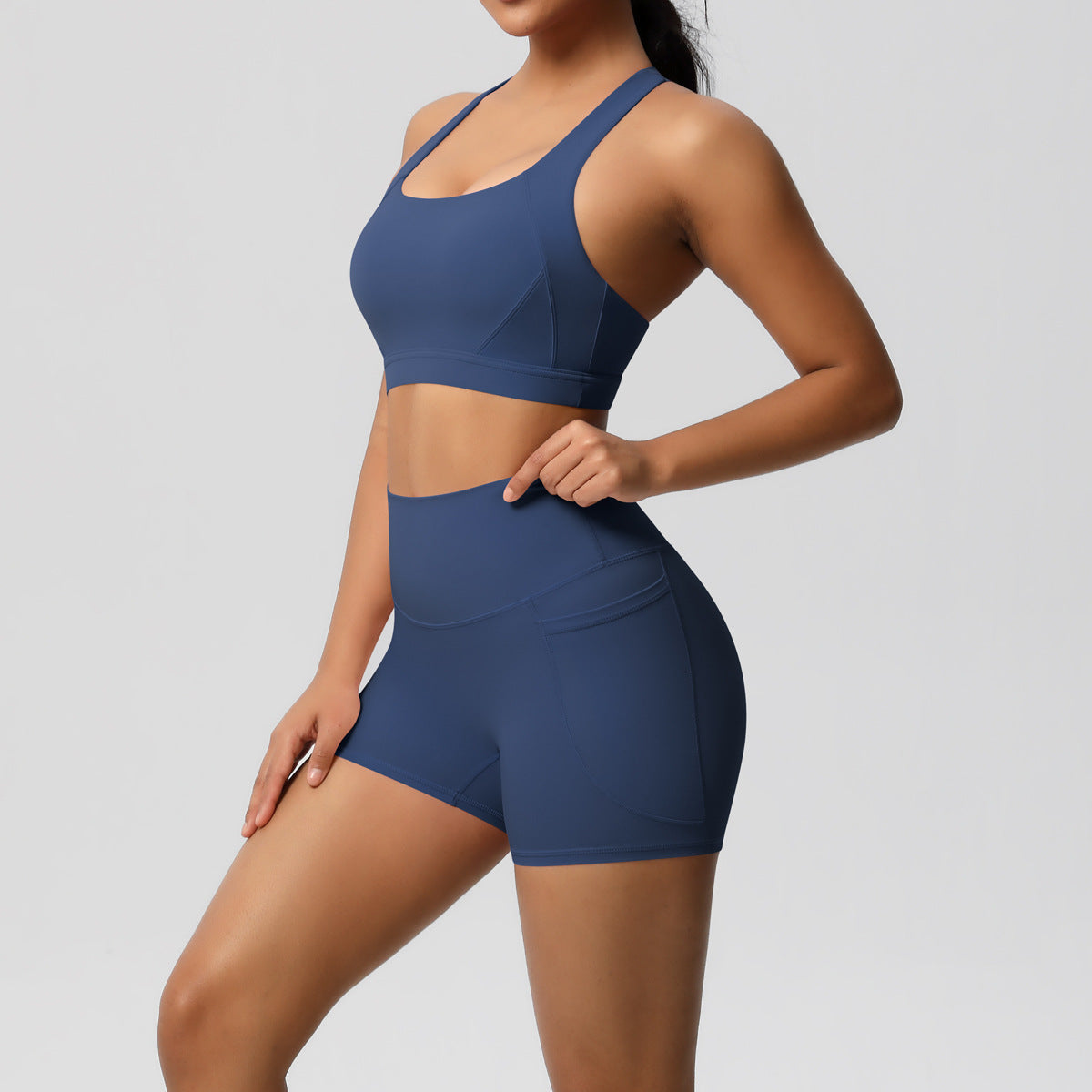 Women’s Solid Color Sports Bra & Pocket Shorts Set – Tight Fitness Outfit for Running & Gym, S–XL