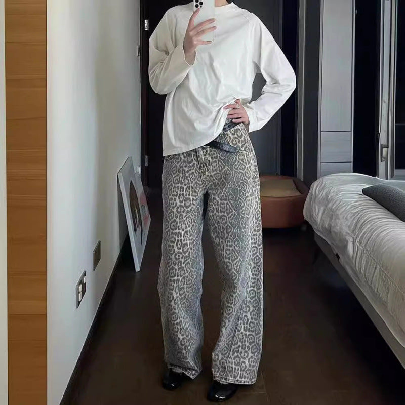 High-Waist Light Leopard Print Denim Trousers | Women’s Casual Streetwear hanyelevate