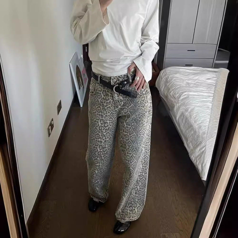 High-Waist Light Leopard Print Denim Trousers | Women’s Casual Streetwear hanyelevate