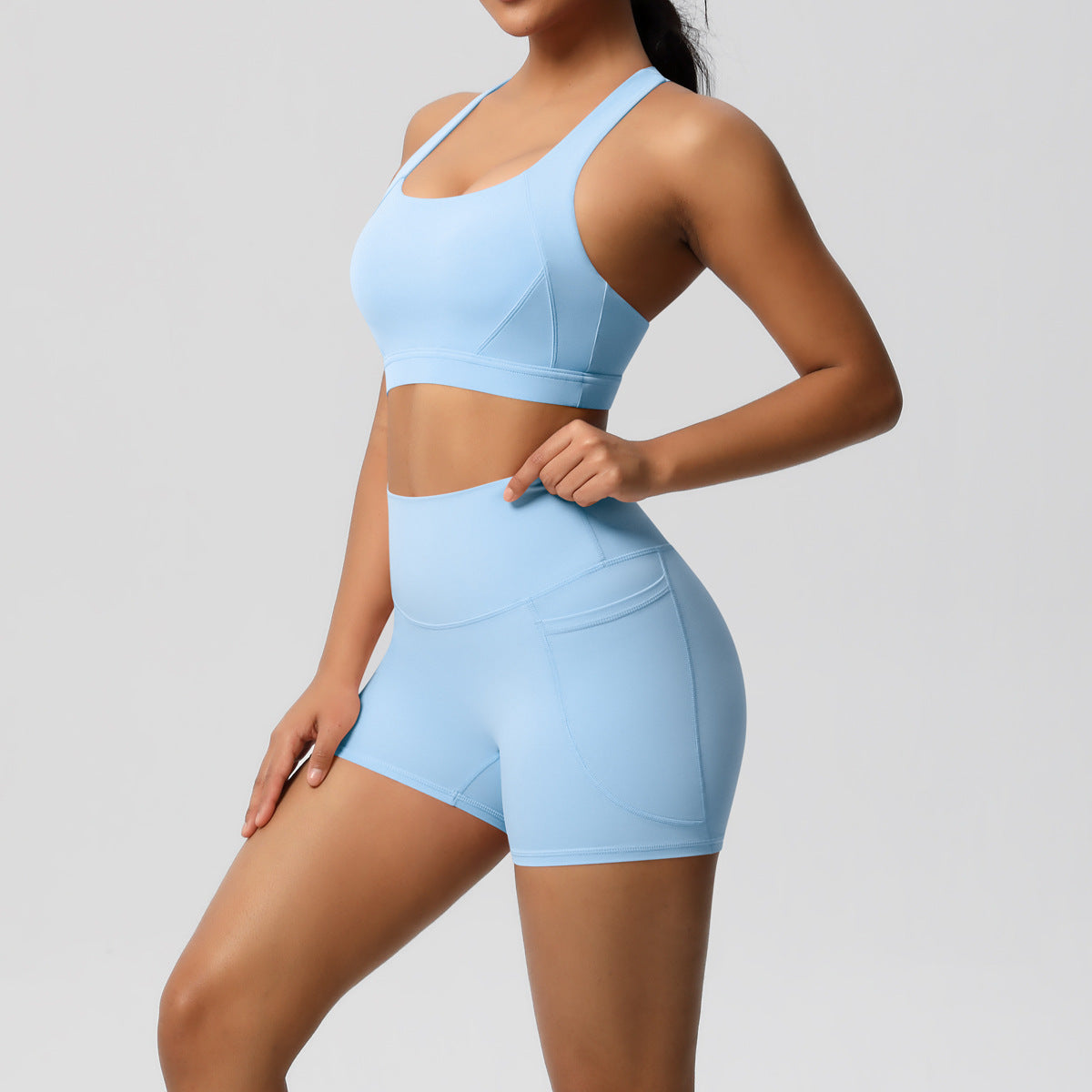 Women’s Solid Color Sports Bra & Pocket Shorts Set – Tight Fitness Outfit for Running & Gym, S–XL