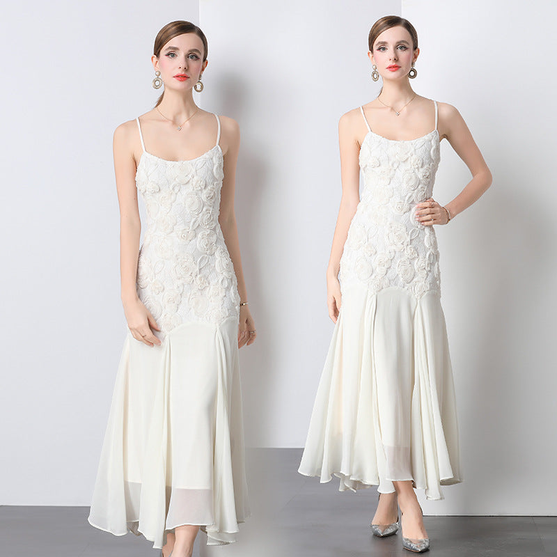 Elegant Apricot Fishtail Sling Dress | High Waist | Embroidered Long Skirt