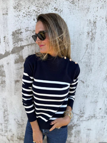 Striped Cotton Pullover | Loose Fit | Button Detail | S–3XL