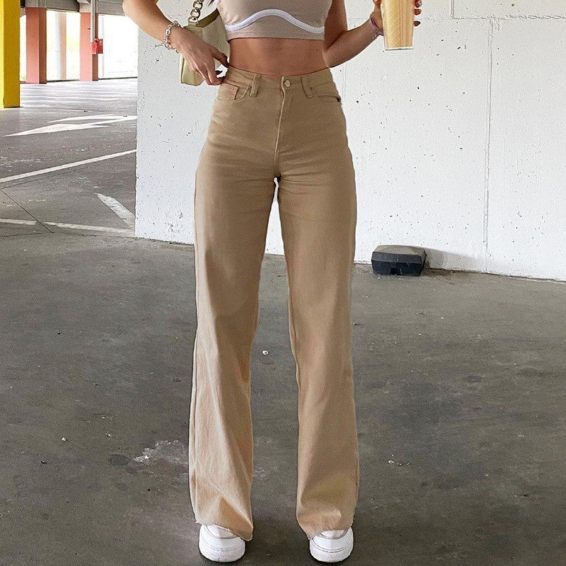 Unisex Cotton Straight-Leg Pants – Mid Waist Casual Trousers with Micro Elasticity