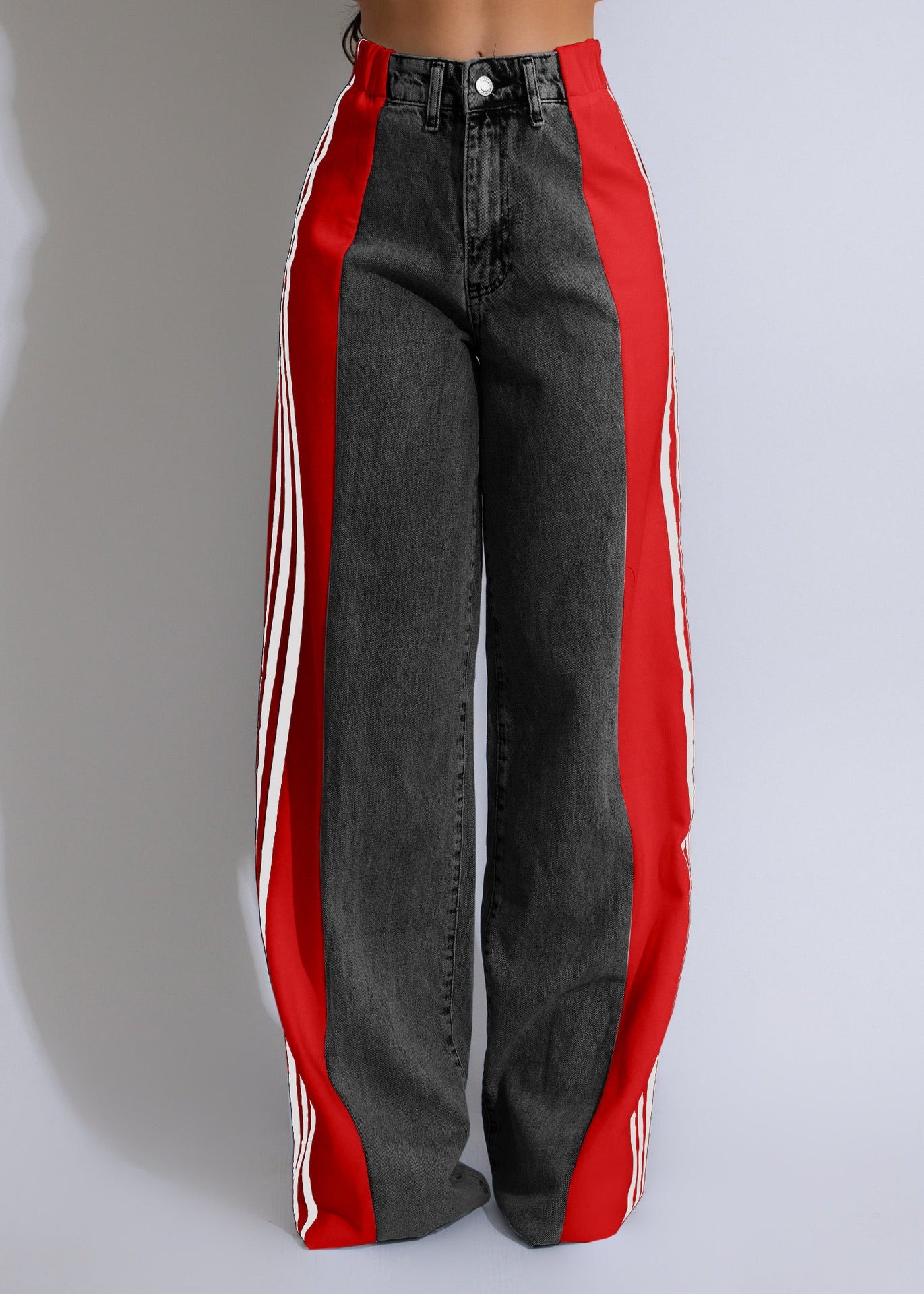 2025 Fashion Casual High Waist Elastic Straight Leg Denim Trousers – Three Stripe Patchwork Wide Leg Pants hanyelevate