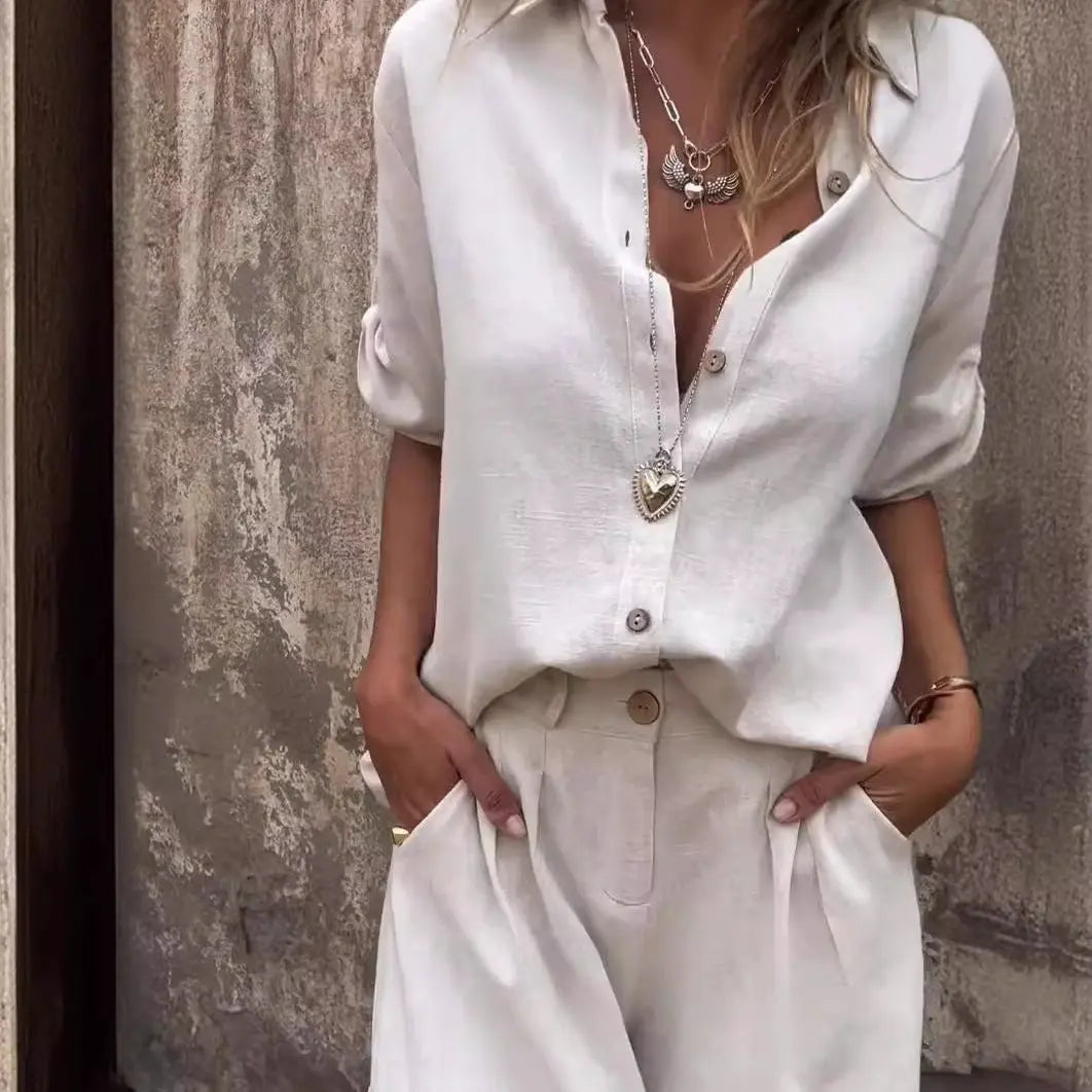 Trendy Women’s Short Sleeve Suit Set – Lapel Shirt and Shorts with Pockets hanyelevate