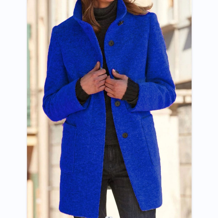 Women’s Stand Collar Woolen Coat – Casual Fall Winter Button Outwear with Pockets hanyelevate