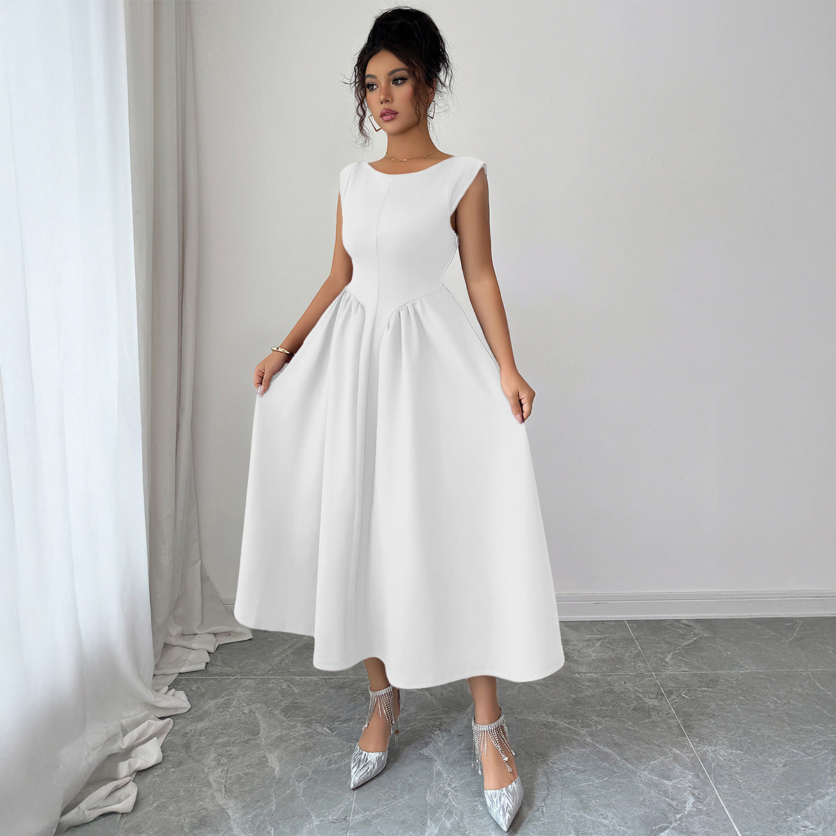 Elegant Solid Color A-Line Dress for Women | Dark Blue, Wine Red, Milky White | S–XL