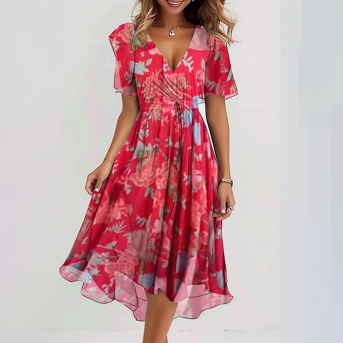 Women’s Summer Chiffon Dress – Elegant V-Neck Printed Short Sleeve Dress hanyelevate