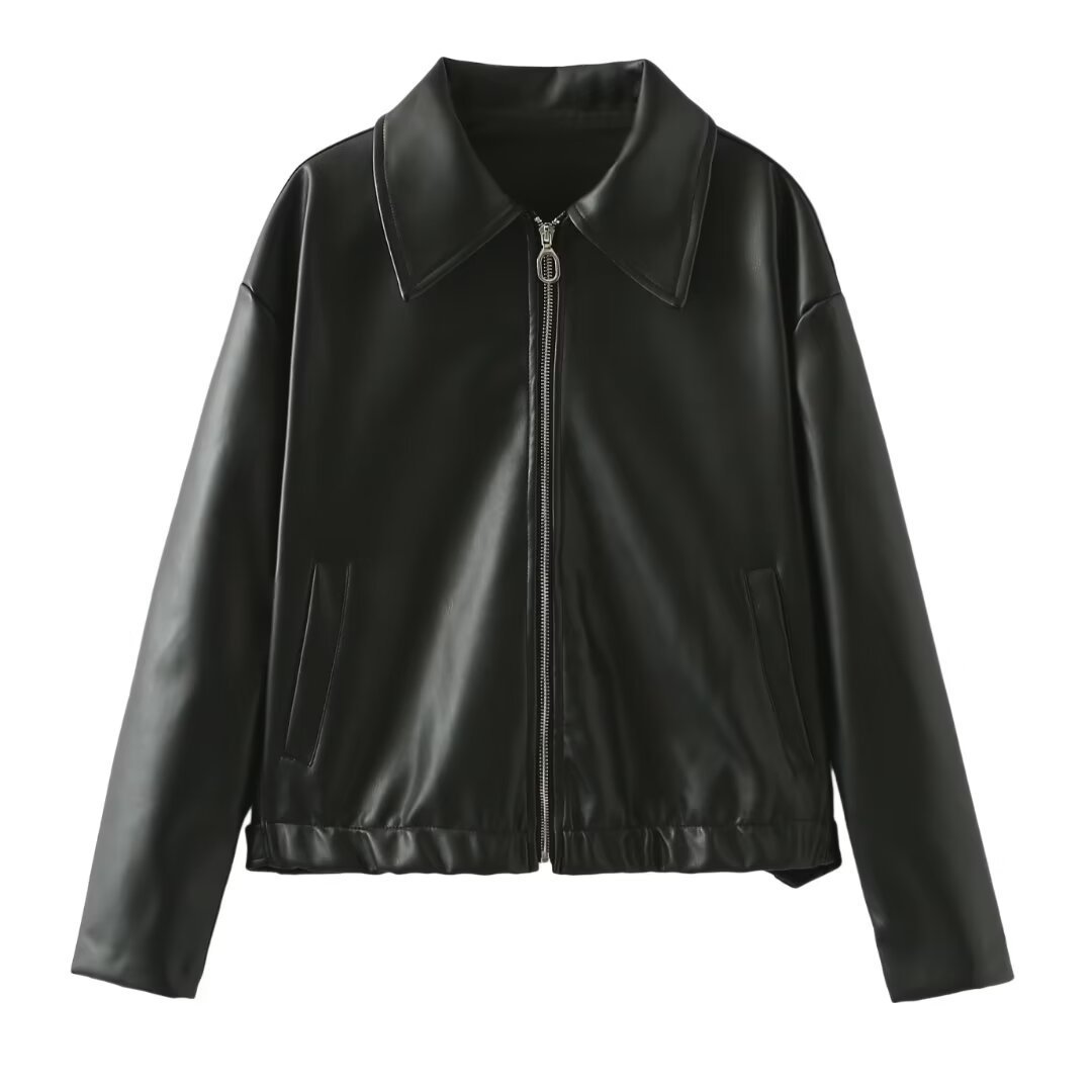 Women’s Solid Color Leather Jacket – Fashion Lapel Zipper Long Sleeve Coat hanyelevate