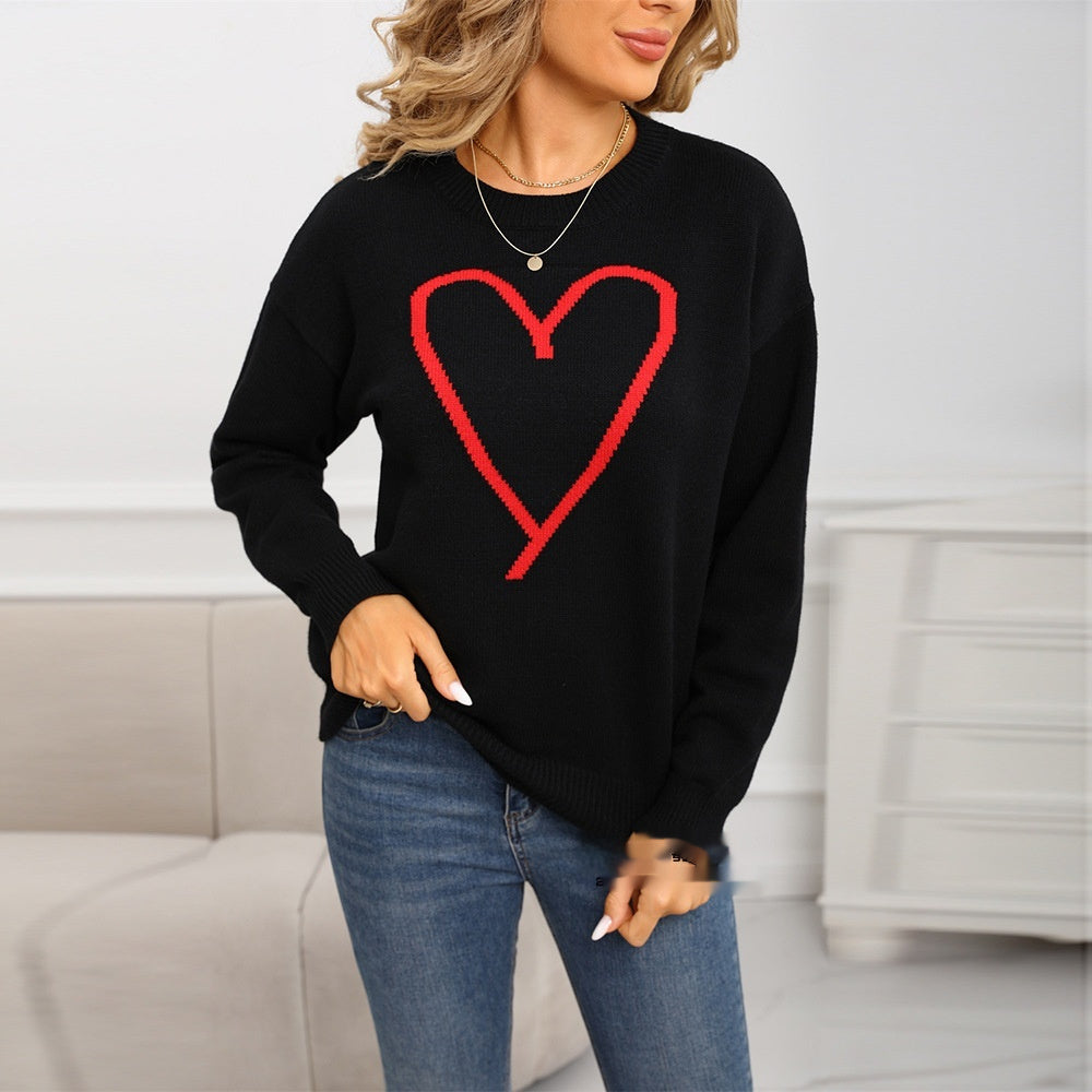Women’s Love Pattern Pullover Sweater – Long Sleeve Knit Top | White, Gray, Black, Red | S–XL