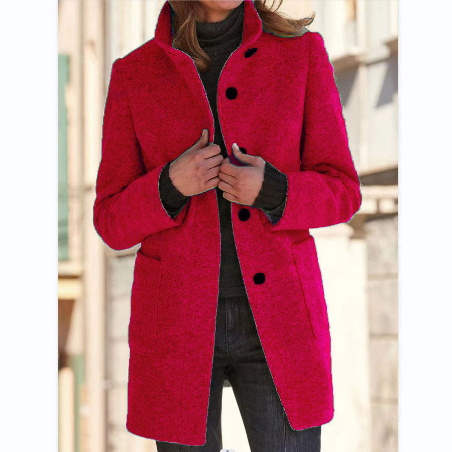 Women’s Stand Collar Woolen Coat – Casual Fall Winter Button Outwear with Pockets hanyelevate