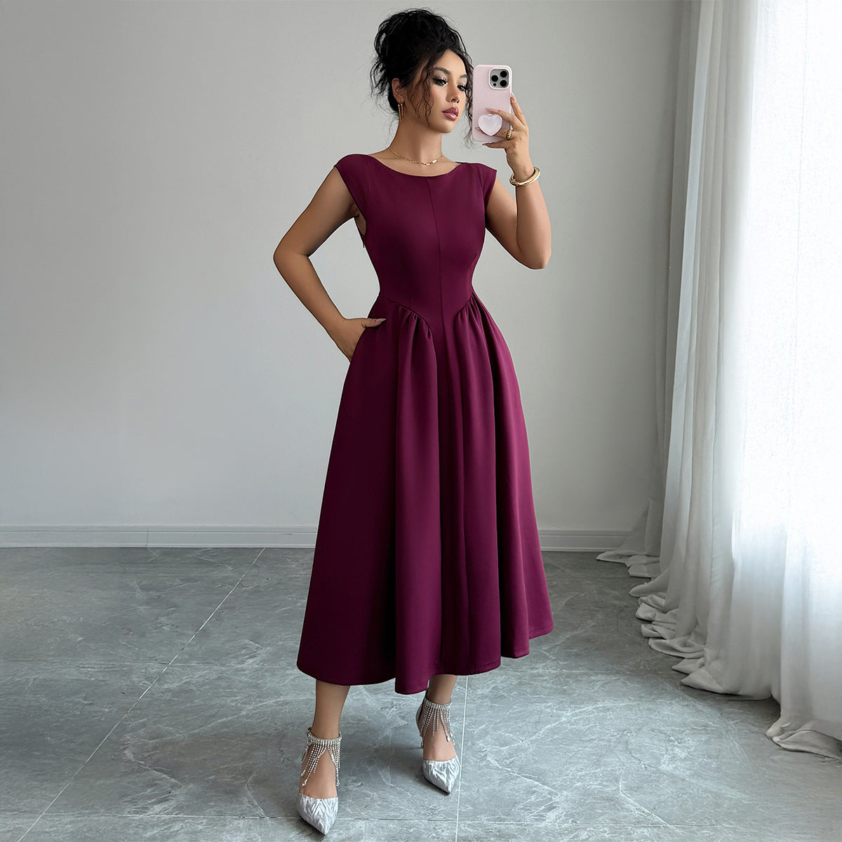 Elegant Solid Color A-Line Dress for Women | Dark Blue, Wine Red, Milky White | S–XL