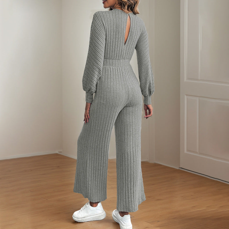 Women’s Gray Wide Leg Pants Outfit with V-Neck Lace-Up Top – Batwing Sleeve Casual Set, S–XL