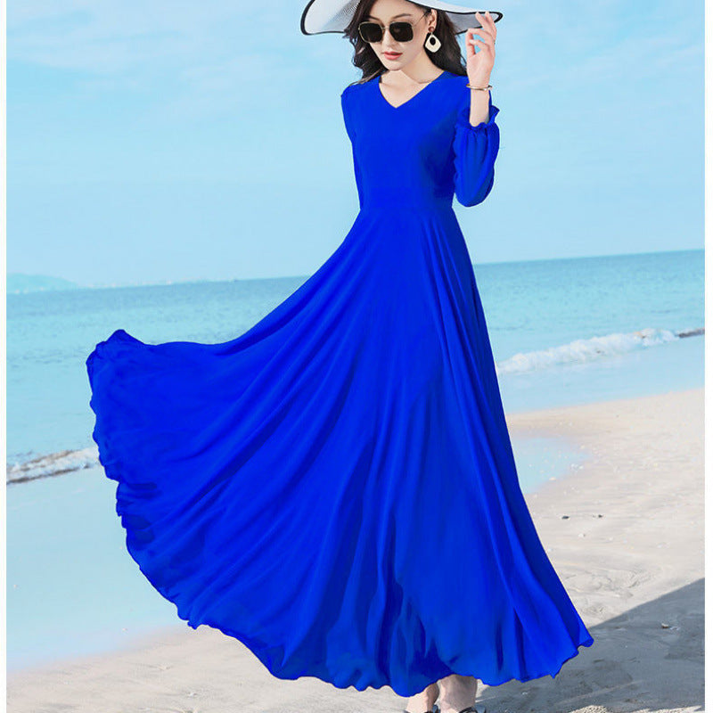 Women’s Chiffon/Polyester Large Swing Dress – Long Sleeve, Solid Color, Urban Temperament Commute Style