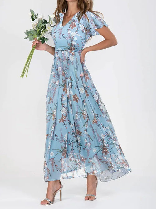 Women’s Casual Floral Dress – Short Sleeve Ruffle Summer Beach Dress hanyelevate