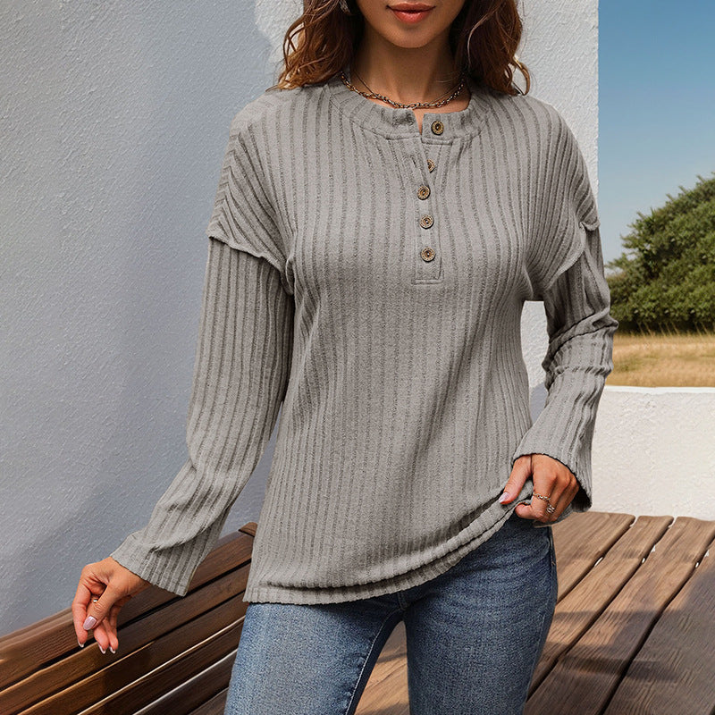 Women’s Japanese Korean Casual Pullover – Khaki Hollow Stripe Top with Button Detail | S–XL