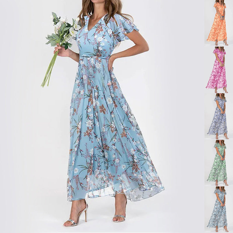 Women’s Casual Floral Dress – Short Sleeve Ruffle Summer Beach Dress hanyelevate