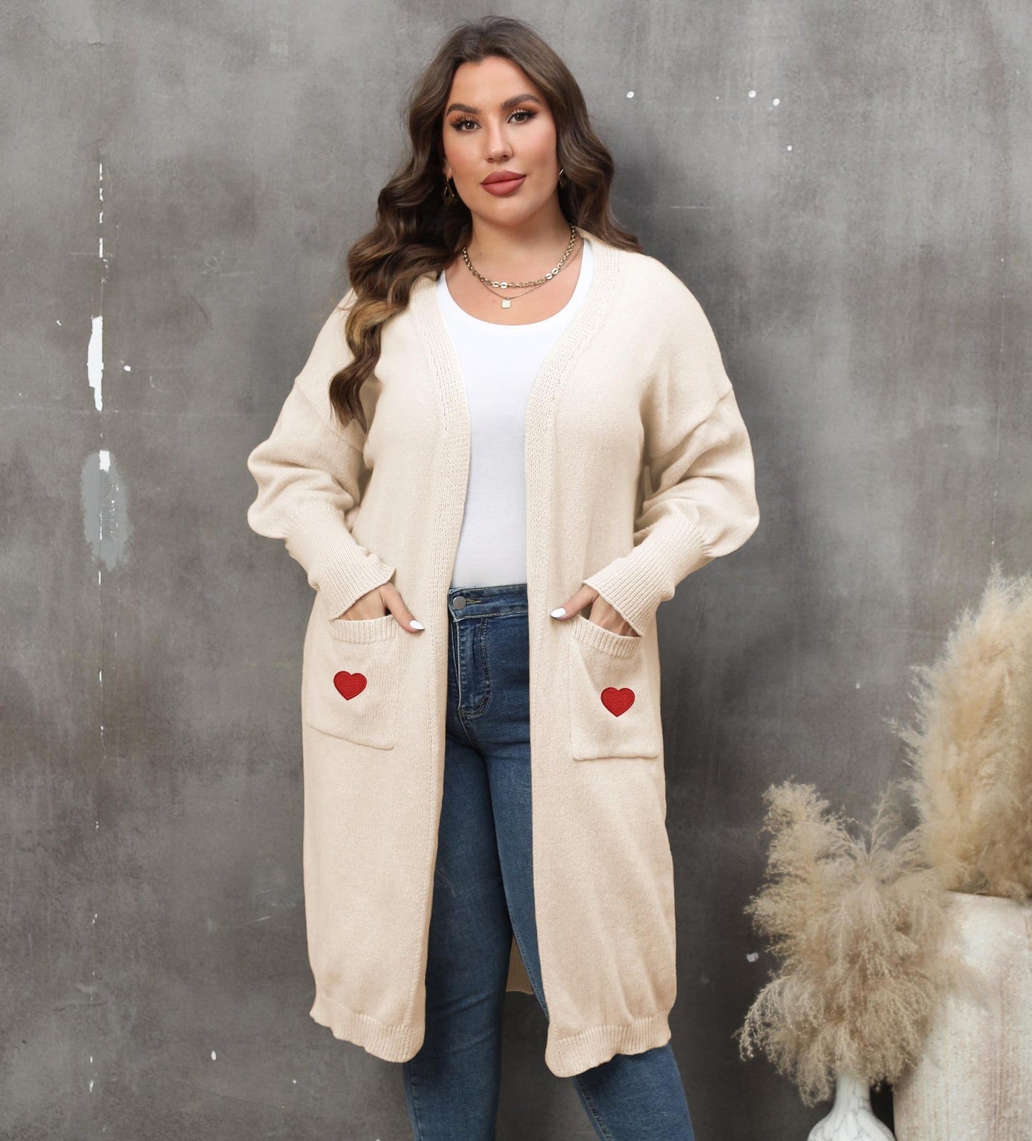 Plus Size Mid-Length Knit Cardigan for Women – Love Pattern, Lantern Sleeves, and Pockets hanyelevate