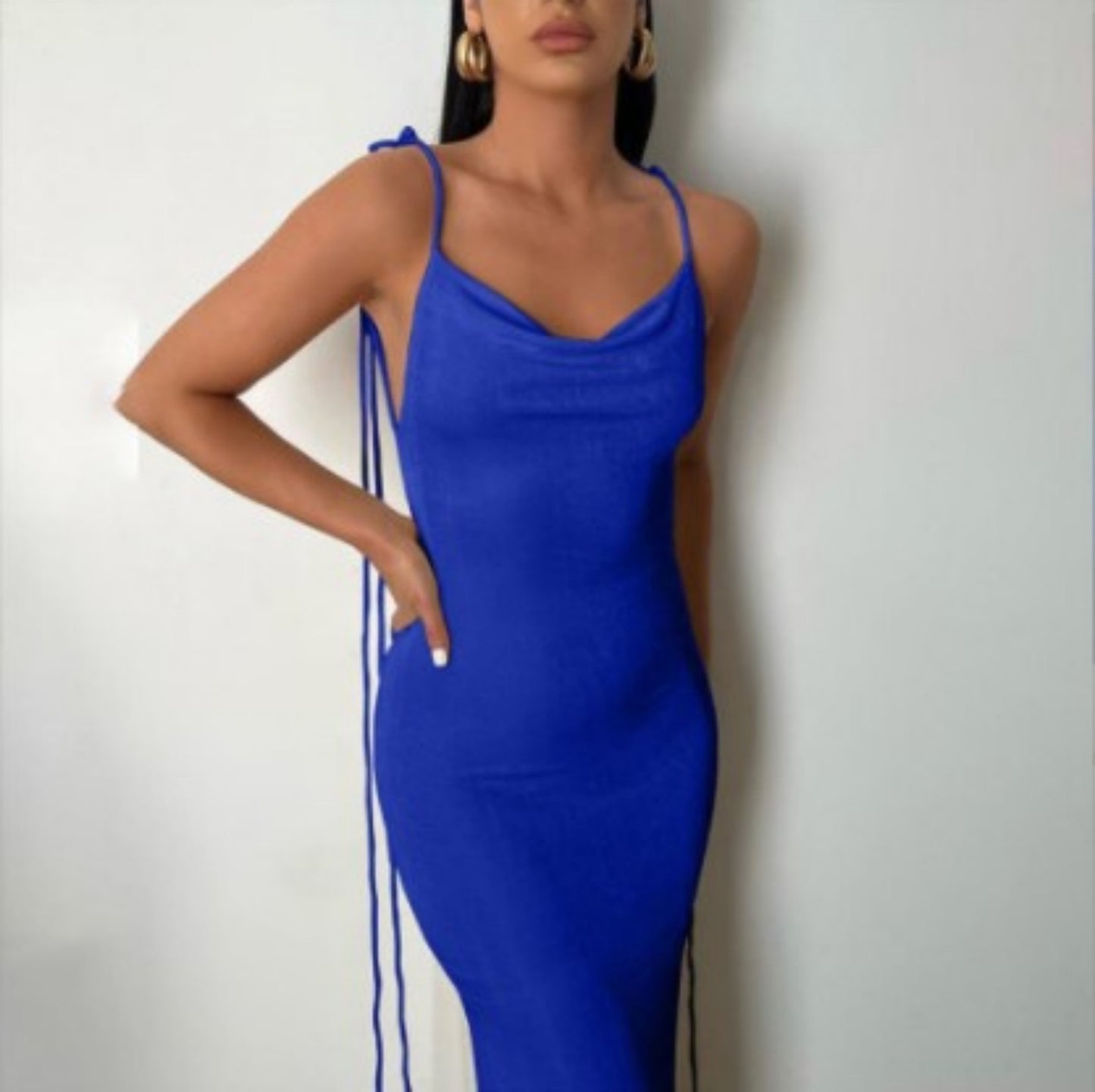 Women’s Halter Neck Sleeveless Dress – Yellow Mid Waist Polyester Summer Outfit