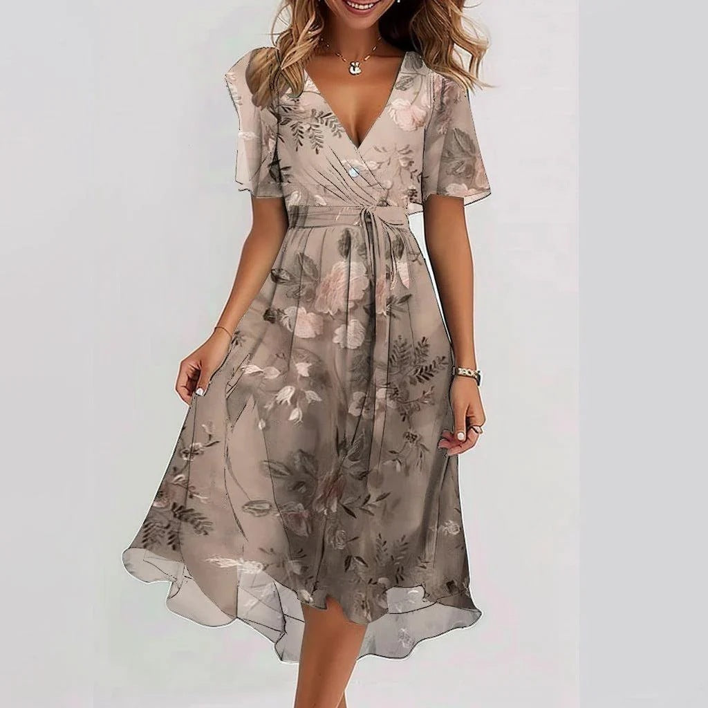 Women’s Summer Chiffon Dress – Elegant V-Neck Printed Short Sleeve Dress hanyelevate