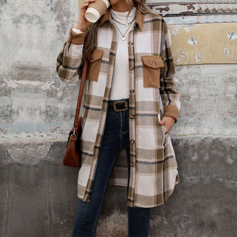 Cozy Women’s Plaid Long Jacket – Brushed Fabric Winter Coat with Pockets hanyelevate