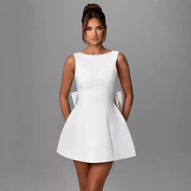 Elegant Backless A-Line Dress for Women – Sleeveless Slim Fit with Pearl & Bow Detail hanyelevate