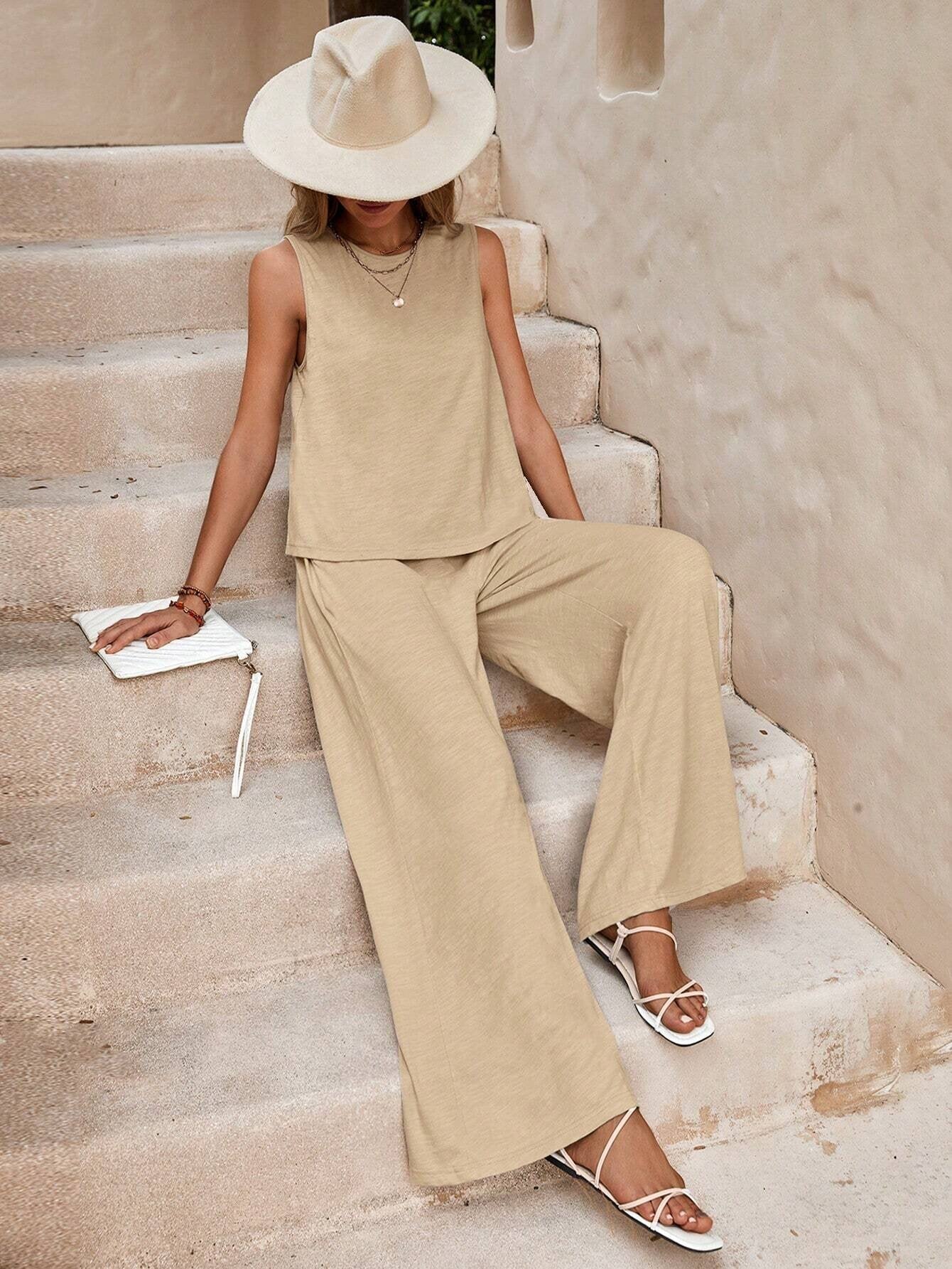 Women’s Two-Piece Pants Suit – Loose Fit Casual Top and Full-Length Trousers Set hanyelevate