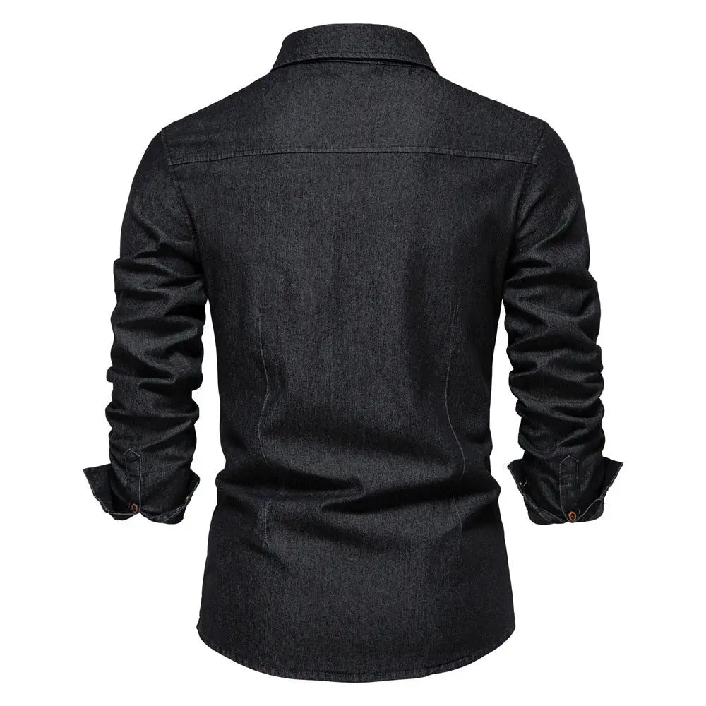 Men’s Long-Sleeve Slim Fit Denim Shirt – Casual Button-Up Top hanyelevate