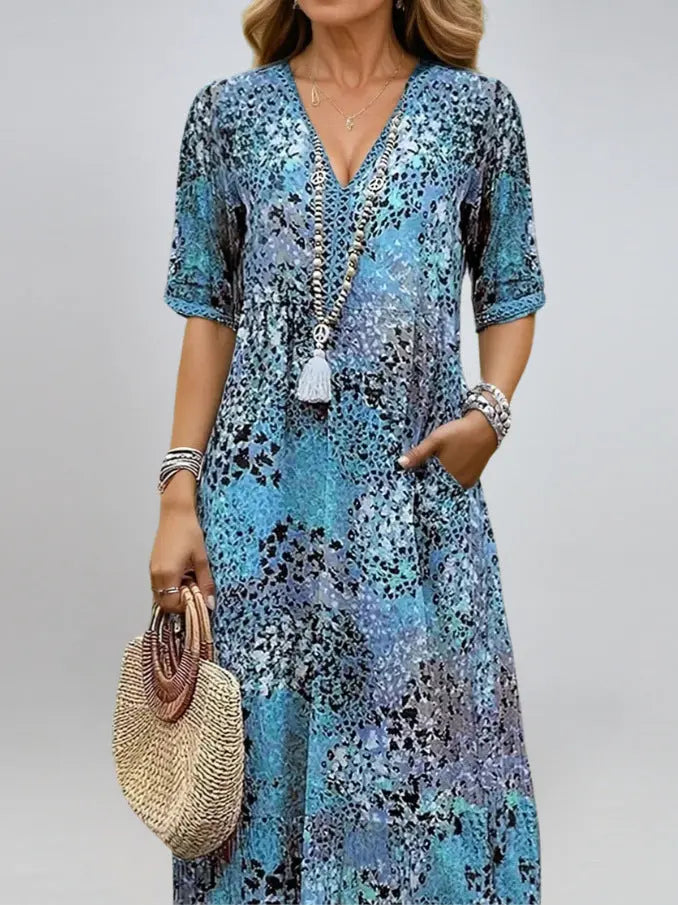 Summer V-neck Half-sleeved Dress With Pockets Fashion Ethnic Print Dresses Beach Holiday Clothing For Women hanyelevate