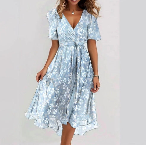 Women’s Summer Chiffon Dress – Elegant V-Neck Printed Short Sleeve Dress hanyelevate