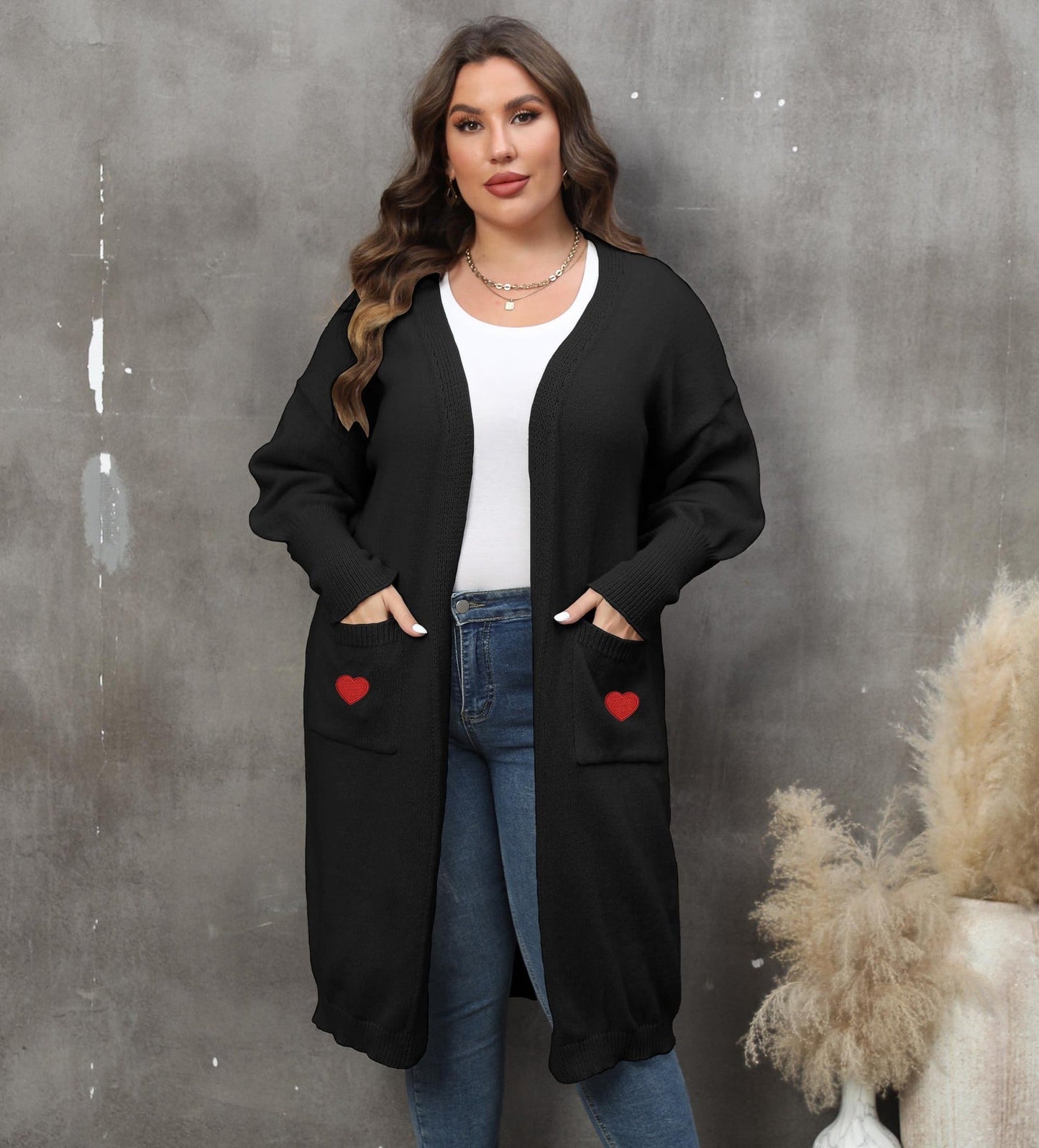 Plus Size Mid-Length Knit Cardigan for Women – Love Pattern, Lantern Sleeves, and Pockets hanyelevate