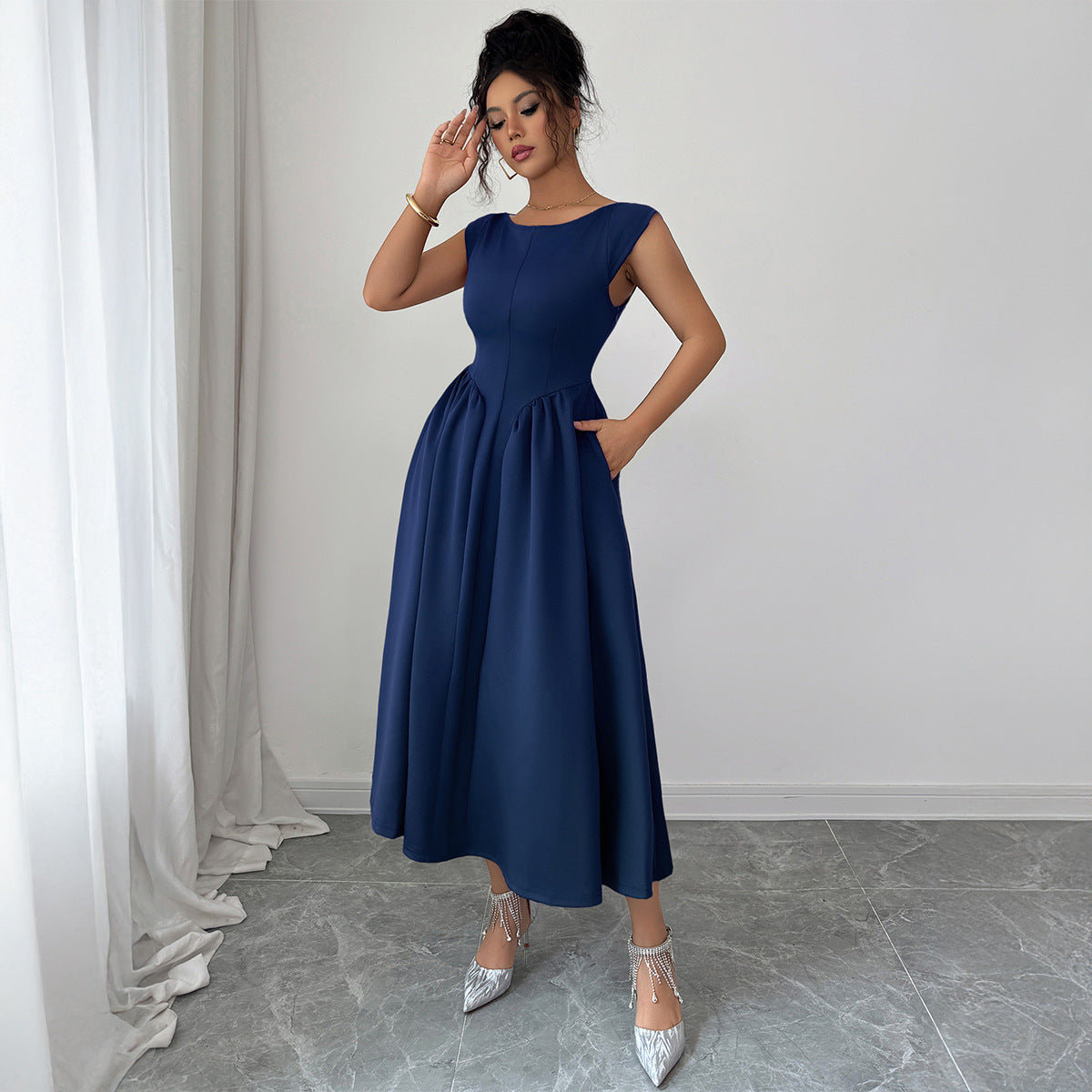 Elegant Solid Color A-Line Dress for Women | Dark Blue, Wine Red, Milky White | S–XL