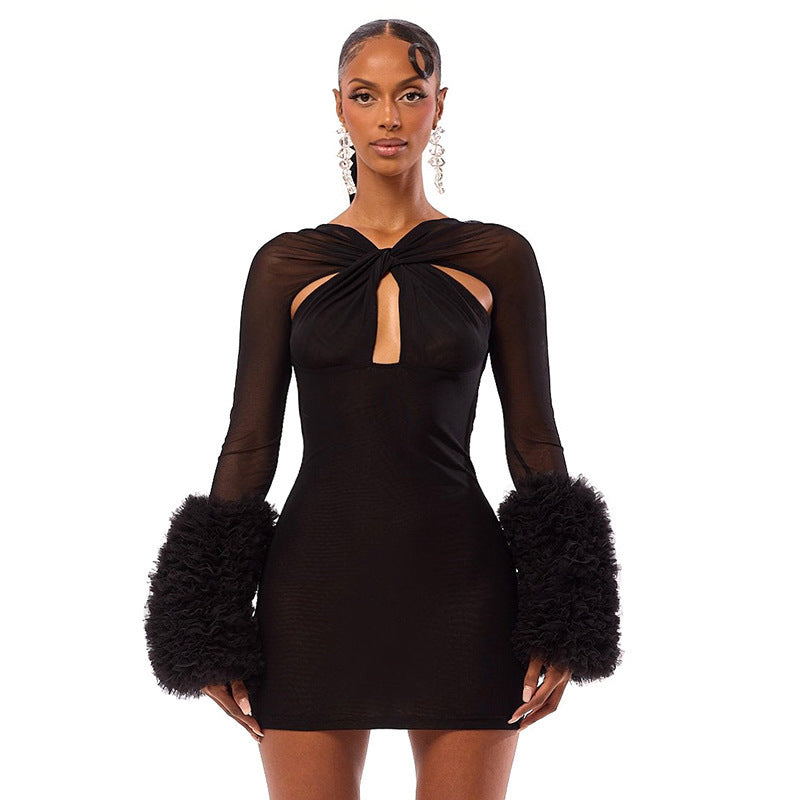 Women’s High Waist Hip Skirt Short Dress – Long Sleeve Bodycon Style | Blue & Black | S–L