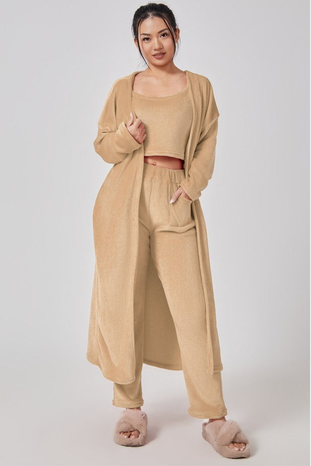 Cozy 3-Piece Pajama Set for Women – Warm Winter Lounge Set with Cardigan, Tank Top & Pants hanyelevate