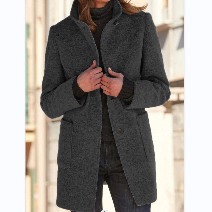 Women’s Stand Collar Woolen Coat – Casual Fall Winter Button Outwear with Pockets hanyelevate