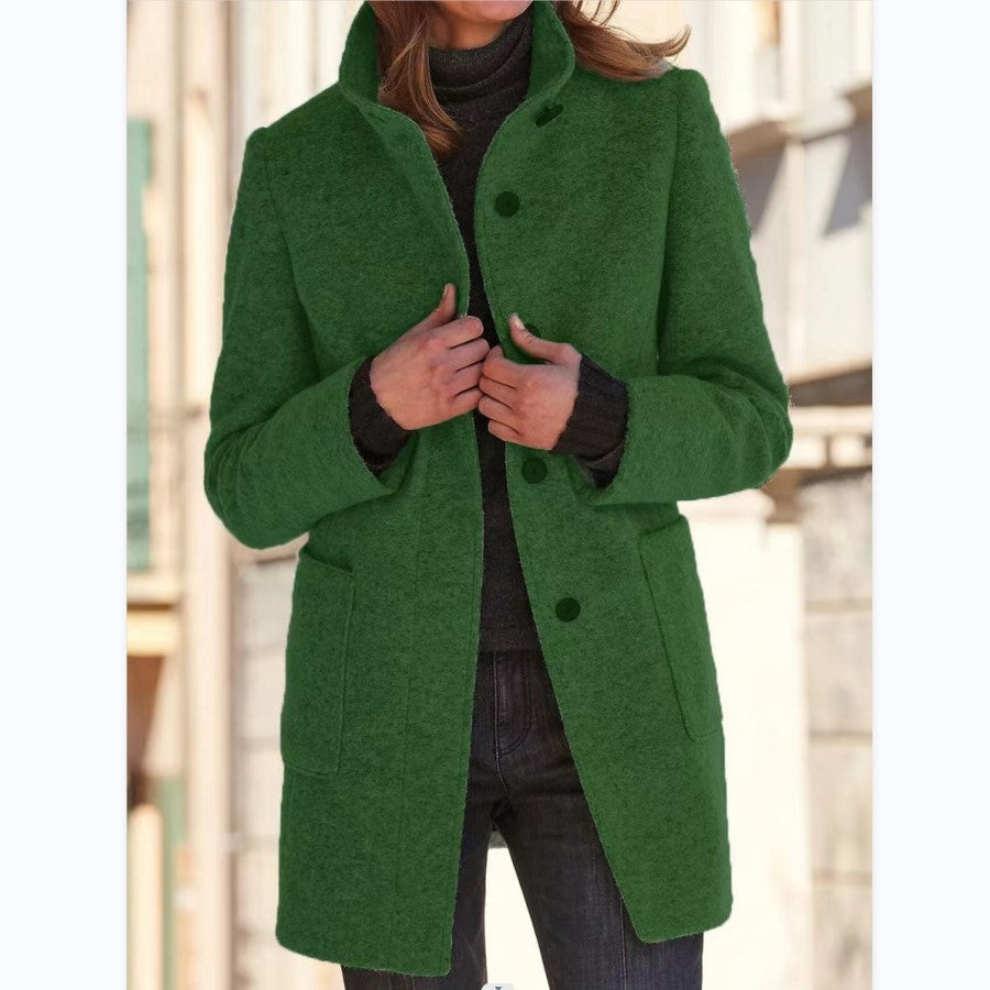 Women’s Stand Collar Woolen Coat – Casual Fall Winter Button Outwear with Pockets hanyelevate