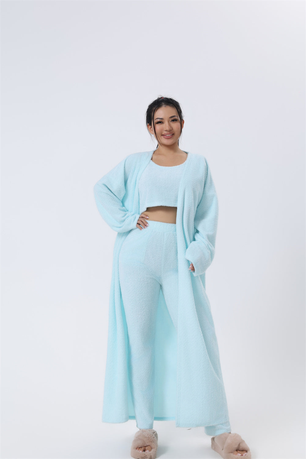 Cozy 3-Piece Pajama Set for Women – Warm Winter Lounge Set with Cardigan, Tank Top & Pants hanyelevate
