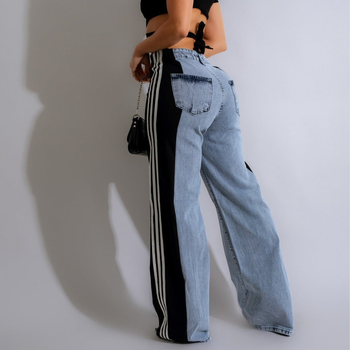 2025 Fashion Casual High Waist Elastic Straight Leg Denim Trousers – Three Stripe Patchwork Wide Leg Pants hanyelevate
