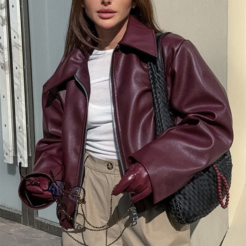 Women’s Solid Color Leather Jacket – Fashion Lapel Zipper Long Sleeve Coat hanyelevate