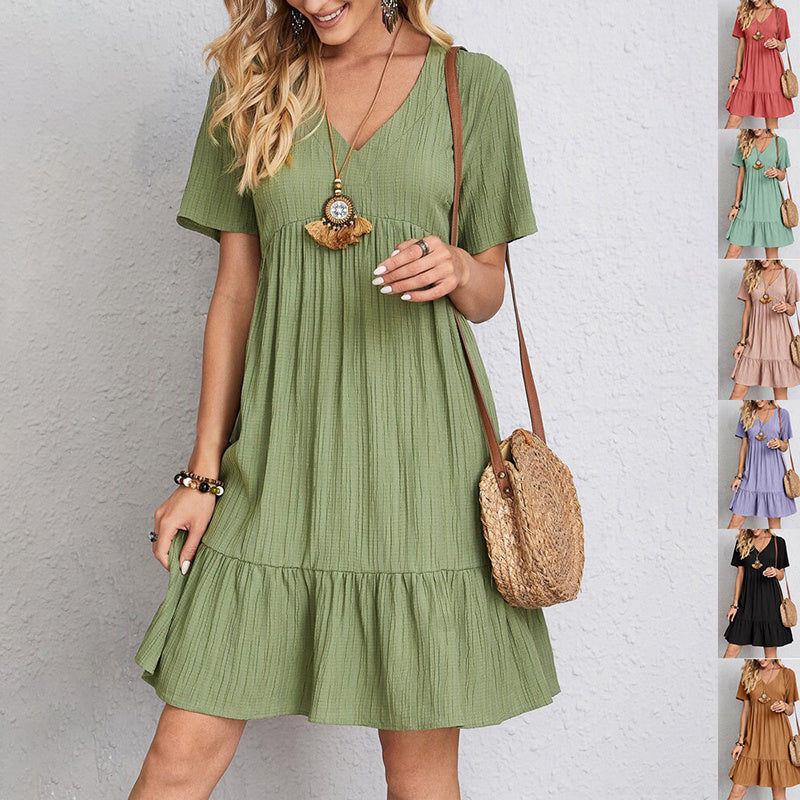 Women’s V-Neck Short Sleeve Summer Dress – Casual Loose Ruffled Beach Dress hanyelevate