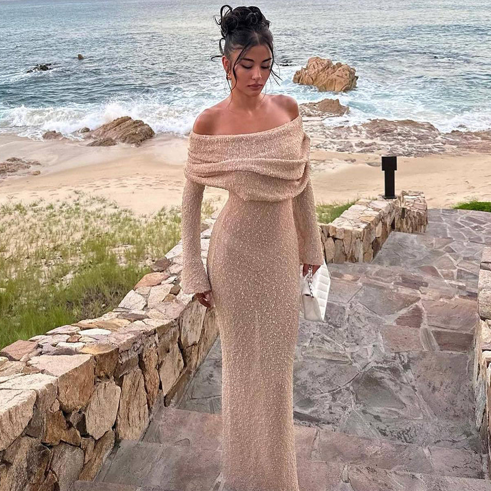 New Long-Sleeved One-Shoulder Knitted Dress – Perfect for Beach and Vacation hanyelevate