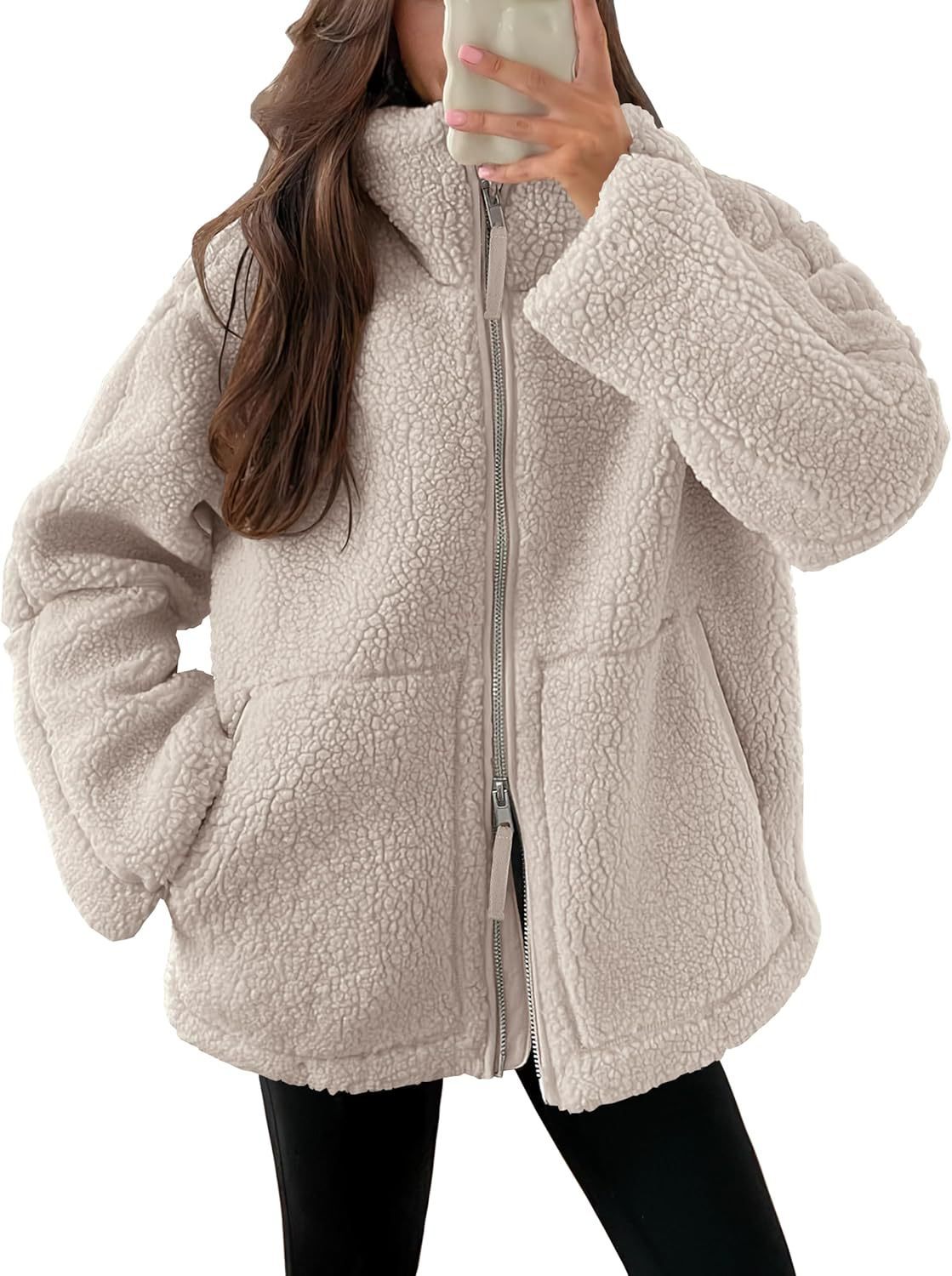 Women’s Cozy Winter Zip-Up Coat – Lapel Collar Fleece Jacket with Pockets hanyelevate