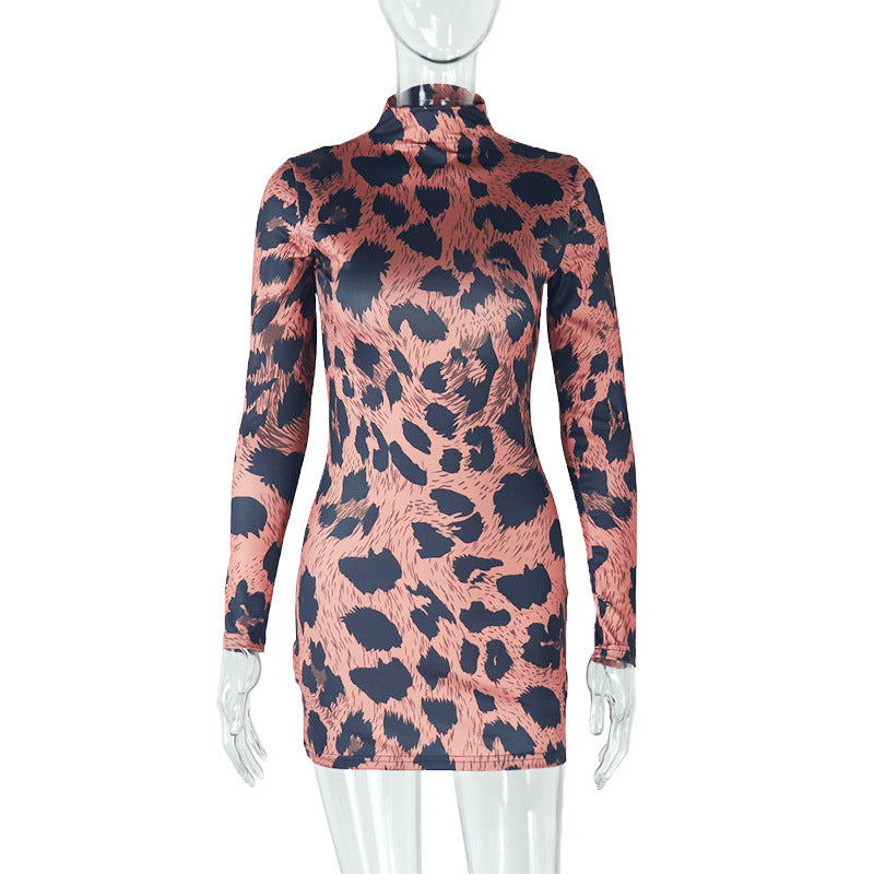 Women’s Leopard Print Hip Skirt Dress – Street Fashion Pullover | Long Sleeve Short Dress | S–L