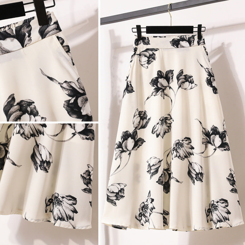 Women’s Floral Chiffon A-Line Skirt – Long Maxi Skirt | Temperament Commute Style | White & Black | M–4XL