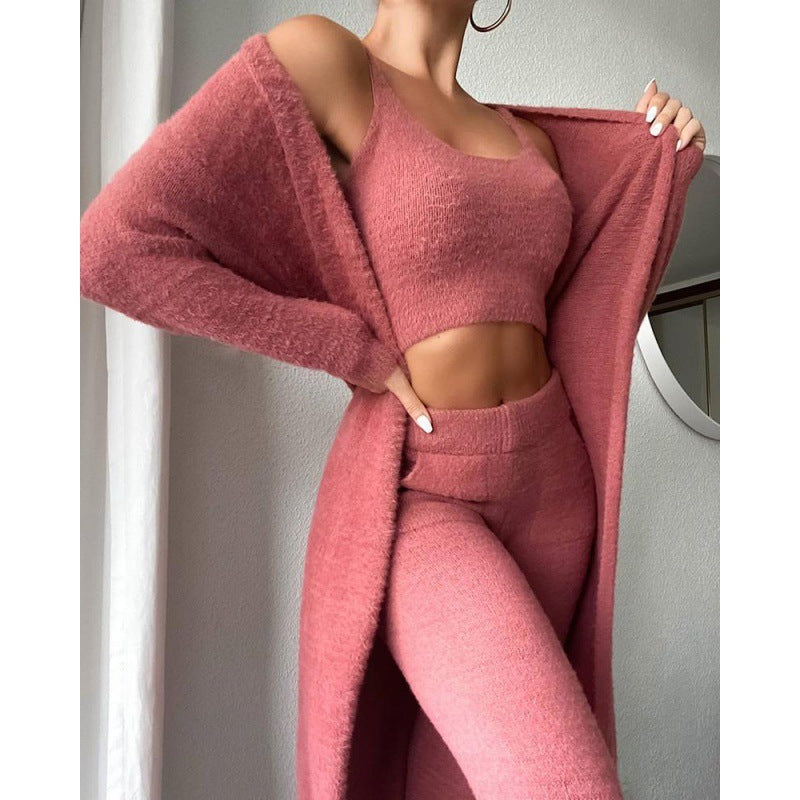 Cozy 3-Piece Pajama Set for Women – Warm Winter Lounge Set with Cardigan, Tank Top & Pants hanyelevate