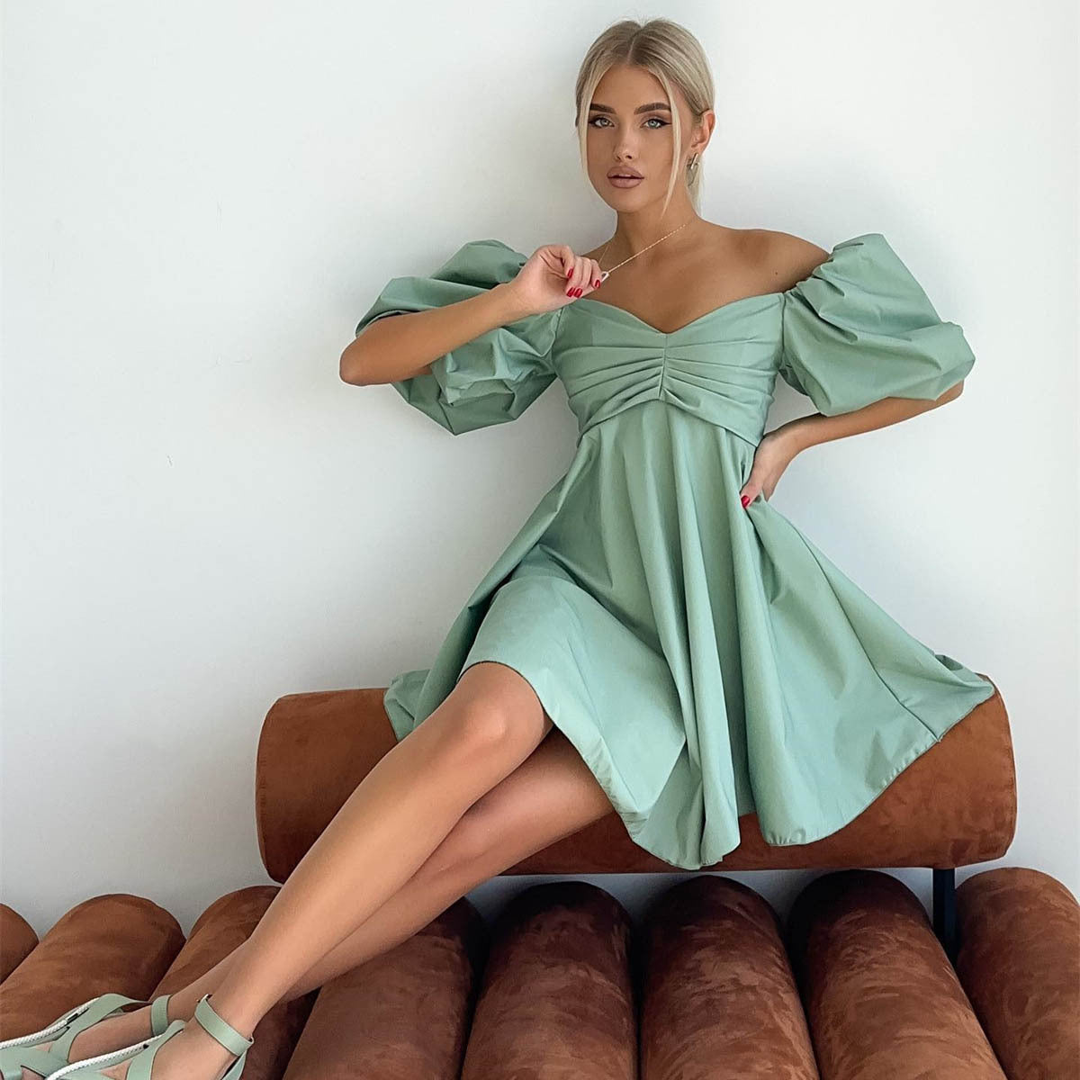 Women’s Puff Sleeve Cotton Dress – High Waist Short Sleeve Summer Outfit | S–L | White, Black, Rose Red, Green, Light Blue