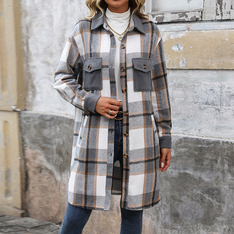 Cozy Women’s Plaid Long Jacket – Brushed Fabric Winter Coat with Pockets hanyelevate