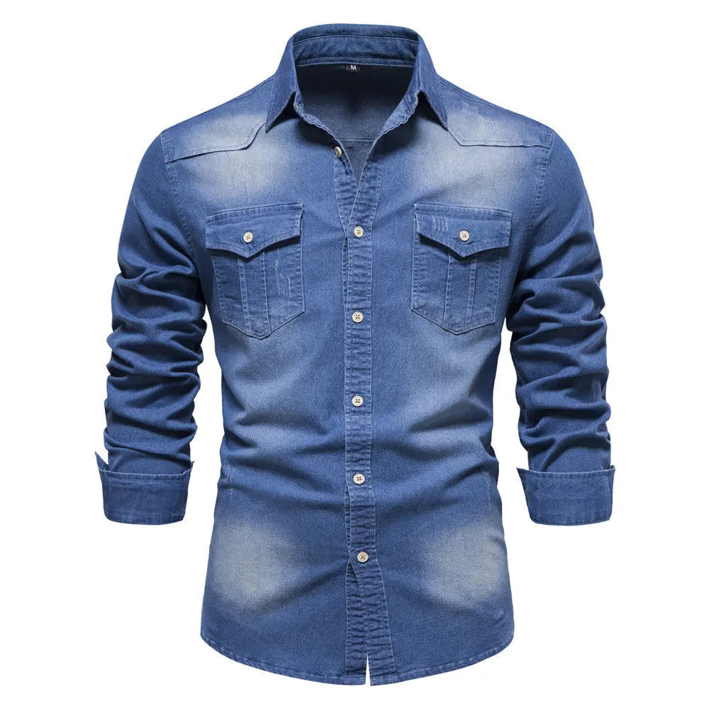 Men’s Long-Sleeve Slim Fit Denim Shirt – Casual Button-Up Top hanyelevate