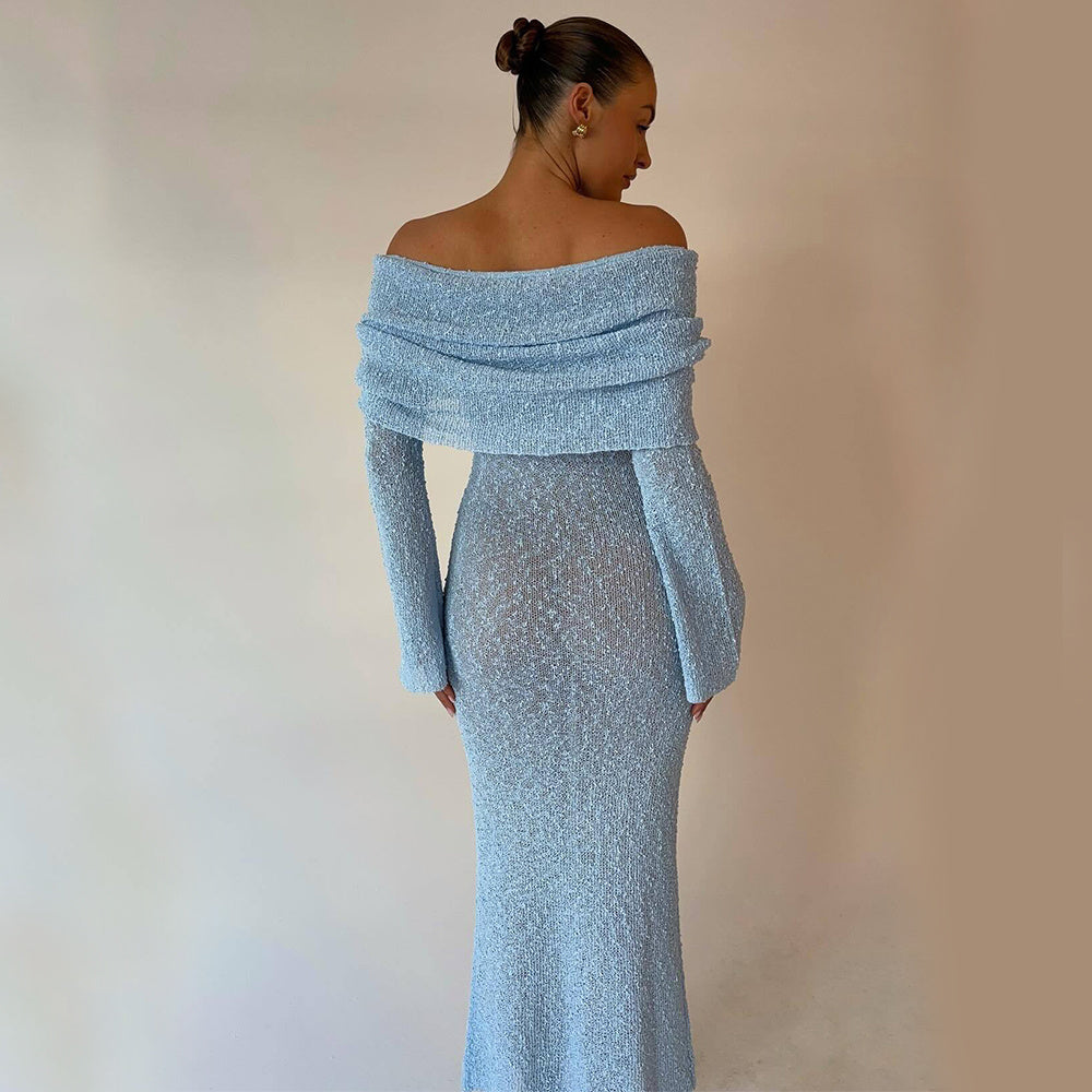 New Long-Sleeved One-Shoulder Knitted Dress – Perfect for Beach and Vacation hanyelevate